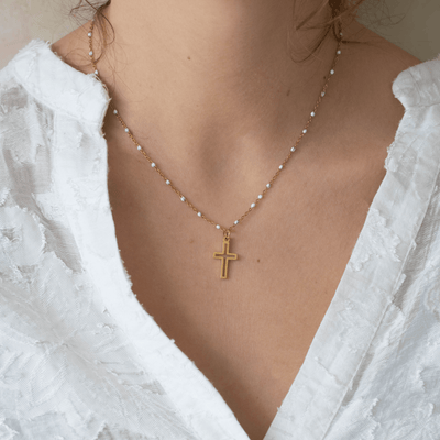 Collier croix chrétienne chaine perlée or et blanche acier inoxydable femme