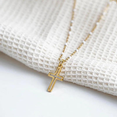 Collier croix chrétienne chaine perlée or et blanche acier inoxydable femme