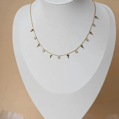 Collier avec plusieurs petites croix et strass chrétienne or acier inoxydable femme