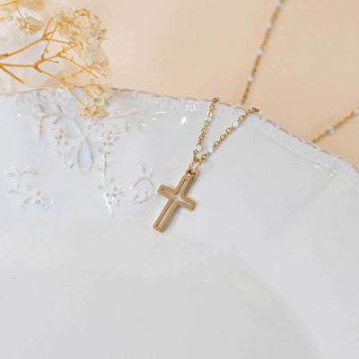 Collier croix chrétienne chaine perlée or et blanche acier inoxydable femme